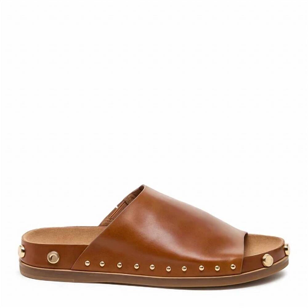 NEW KELSI DAGGER women's squish fox stud slide sandals in brown leather